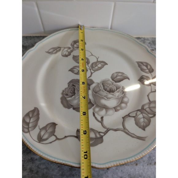 CASTLETON Vintage Gloria Dinner Plate Pearl Edge Taupe Roses With Turquoise Line - Picture 8 of 9